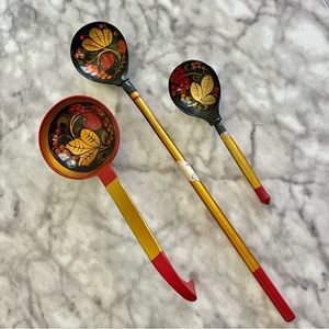 3 Vintage Khokhloma Wooden Spoons
